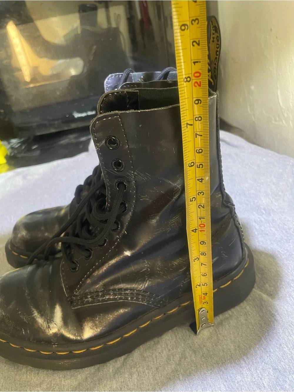 Dr. Martens Black Leather Lace-Up Boots with Yellow Stitching